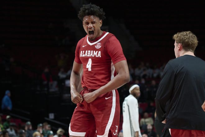 Alabama Crimson Tide forward Noah Gurley (4) celebrates during the second half on a made shot and a found against Michigan State Spartans at Moda Center. Alabama won the game 81-70. Photo | Troy Wayrynen-USA TODAY Sports