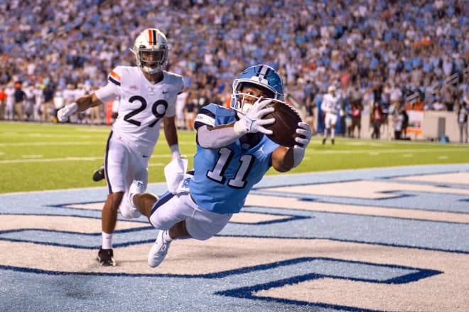 Joey Blount can only watch as UNC's Josh Downs hauls in his second touchdown catch Saturday night.