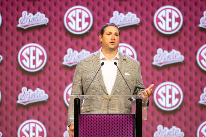 Mississippi State head coach Jeff Lebby speaking at Omni Dallas Hotel. Mandatory Credit: Brett Patzke-USA TODAY Sports