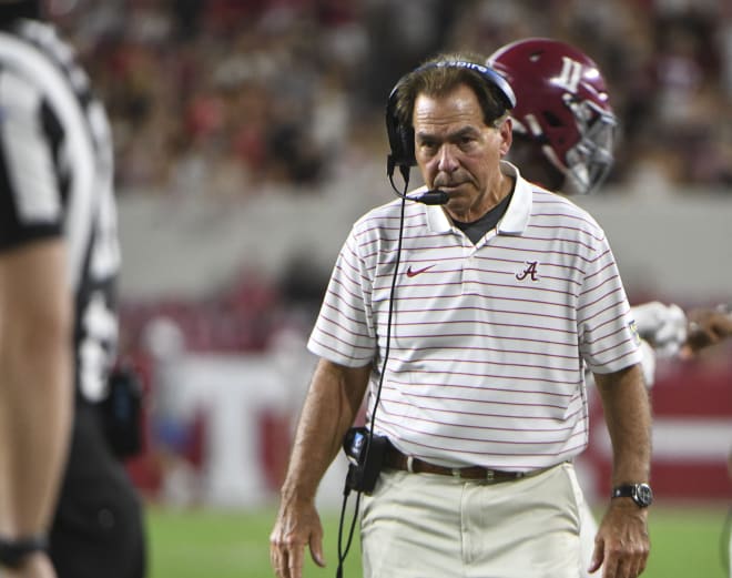 Nick Saban looks on from the sideline during Alabama's game against Utah State at Bryant-Denny Stadium. Photo | Gary Cosby Jr.-USA TODAY Sports