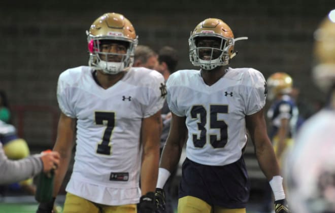 Cornerbacks Nick Watkins (No. 7) and Donte Vaughn (No. 35) impressed with their athleticism during Notre Dame’s third practice.