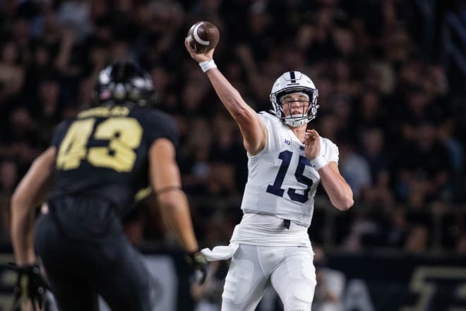 Sep 1, 2022; West Lafayette, Indiana, USA; Penn State Nittany Lions quarterback Drew Allar (15) passes the ball in the second half against the Purdue Boilermakers at Ross-Ade Stadium. Mandatory Credit: Trevor Ruszkowski-USA TODAY Sports