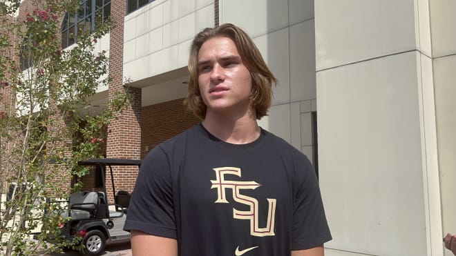 2023 linebacker Blake Nichelson talks to media members after the conclusion of his four-day unofficial visit to FSU.