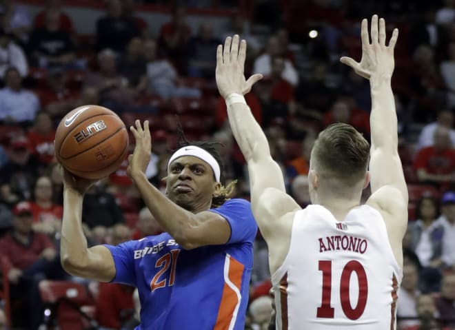 Boise State's Derrick Alston shoots as UNLV's Jonah Antonio defends during the second half of a Mountain West Conference tournament NCAA college basketball game Thursday, March 5, 2020, in Las Vegas. Boise State defeated UNLV 67-61.