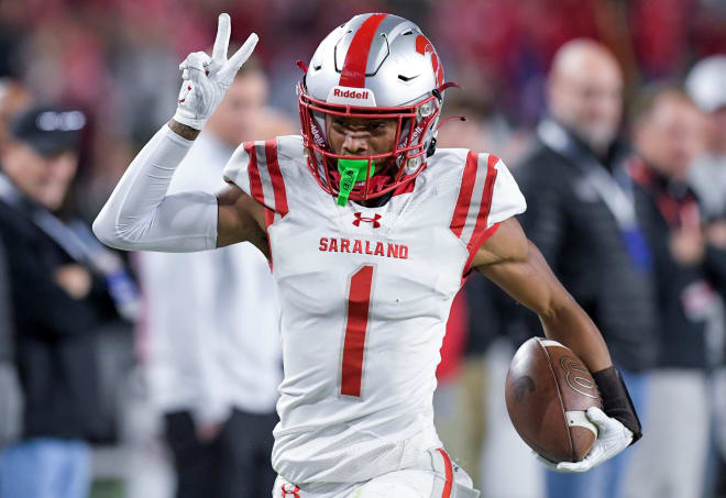 Saraland's Ryan Williams (1) scores his second touchdown of the night against Clay-Chalkville during the AHSAA Class 6A football state championship game at Bryant Denny Stadium in Tuscaloosa, Ala., on Friday December 8, 2023. Photo | Mickey Welsh / USA TODAY NETWORK