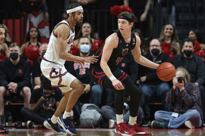 Jacob Grandison, here at left guarding Rutgers' Paul Mulcahy, will play a decent-sized role for Duke this season. 