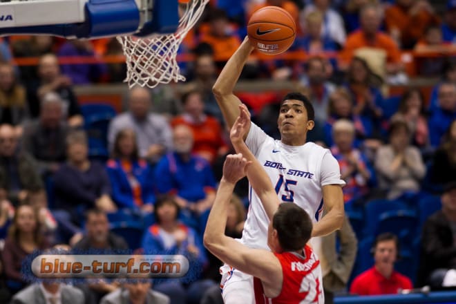 Boise state's Chandler Hutchison (15) goes up for a basket against New Mexico Saturday afternoon in Taco Bell Arena. 