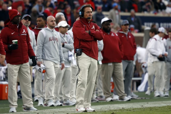 Alabama Crimson Tide Head Coach Nick Saban watches during the first half against the Mississippi Rebels at Vaught-Hemingway Stadium. Photo | Petre Thomas-USA TODAY Sports