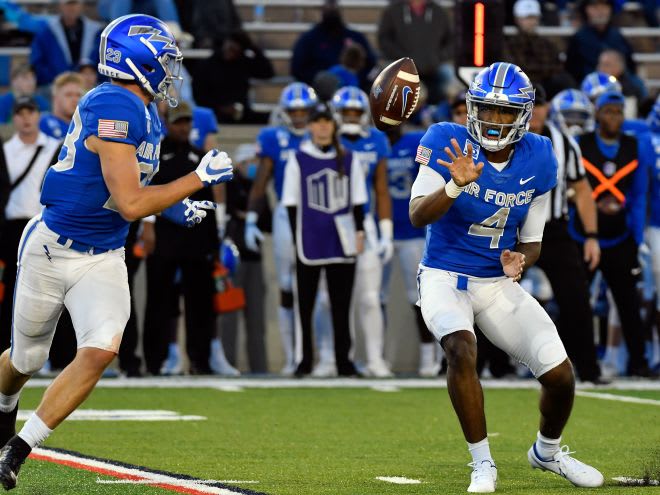 Air Force Falcons quarterback Haaziq Daniels (4) and wide receiver Dane Kinamon (23) during their game against the San Diego State