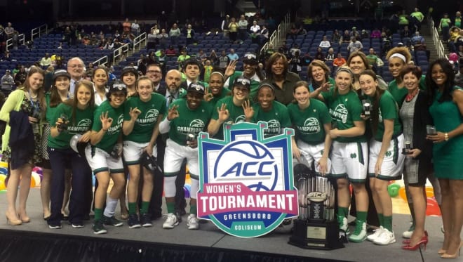 Fighting Irish players and staff celebrate third straight ACC title in Greensboro.
