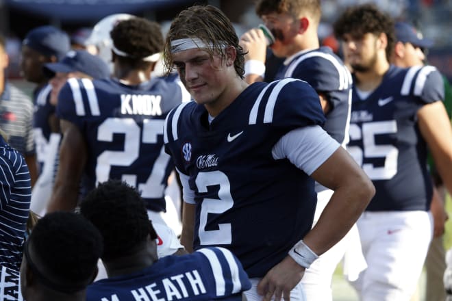 Ole Miss Rebels quarterback Jaxson Dart (2) talks with wide receiver Malik Heath (8) during the second half against the Troy Trojans at Vaught-Hemingway Stadium. Mandatory Credit: Petre Thomas-USA TODAY Sports