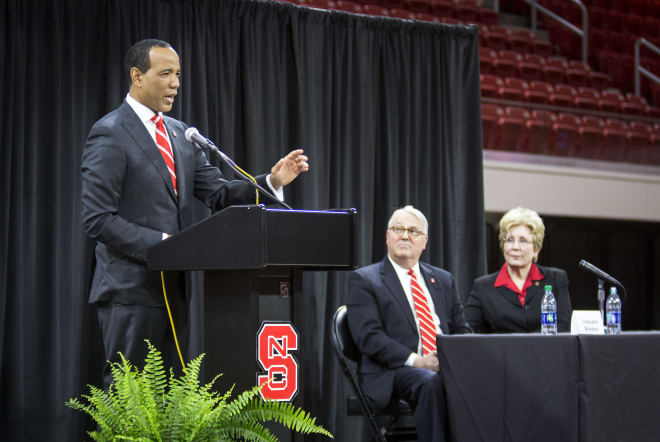Kevin Keatts talks to the assembled crowd Sunday at his introductory press conference.