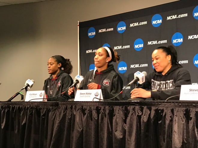 USC head coach Dawn Staley (r), along with Kaela Davis (far left) and A'ja Wilson (c), answered media questions Thursday prior to Friday's NCAA opening round game against UNC-Asheville.