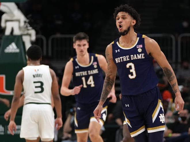 Notre Dame guard Prentiss Hubb (3) celebrates following a 3-pointer in a 68-64 victory at Miami