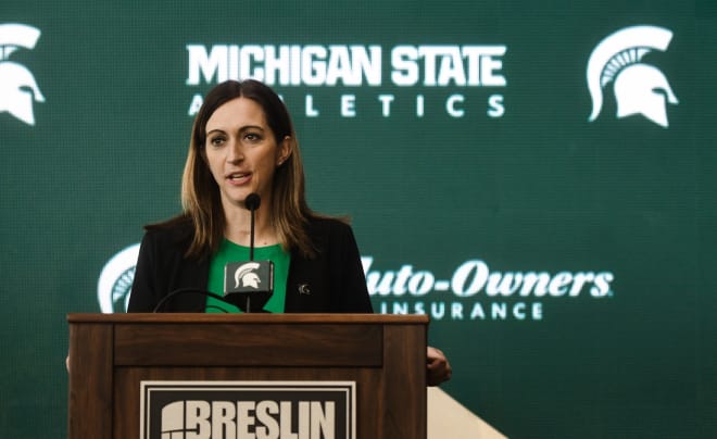 New Michigan State women's basketball head coach Robyn Fralick speaks at her introductory press conference.