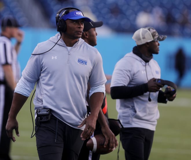 Former Ohio State Heisman Trophy winner and current Tennessee State head coach Eddie George (left) will bring his Tigers to Notre Dame Stadium in 2023.