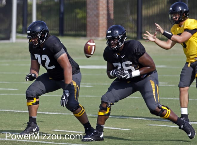 Left tackle Javon Foster (76) and left guard Xavier Delgado (72) both figure to factor into the starting competition for Missouri in 2022.