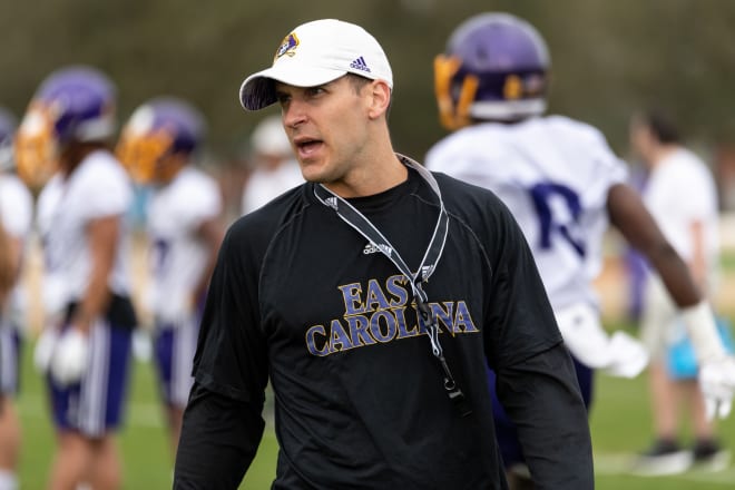 East Carolina outside receivers coach Drew Dudzik instructs a drill at a spring practice last year in Greenville, N.C.