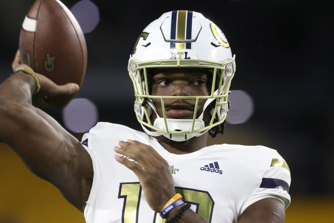 Oct 1, 2022; Pittsburgh, Pennsylvania, USA; Georgia Tech Yellow Jackets quarterback Jeff Sims (10) warms up before the game against the Pittsburgh Panthers at Acrisure Stadium. 
