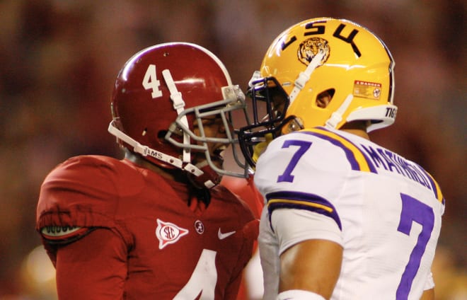  Alabama Crimson Tide wide receiver Marquis Maze (4) gets in the face of LSU Tigers cornerback Tyrann Mathieu (7) during the first half at Bryant Denny Stadium. Photo | USA Today