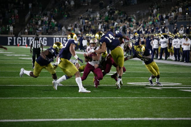 Notre Dame's defense had problems containing first-time starting QB Jordan Travis, but did limit FSU to nine points the final three quarters.