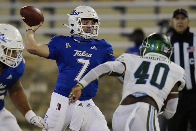 Tulsa QB Davis Brin throws a pass against Tulane.