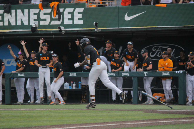 Tennessee infielder Christian Moore celebrates after hitting a game-tying home run against Evansville in Game 3 of the Knoxville Super Regional on Sunday, June 9, 2024 at Lindsey Nelson Stadium.