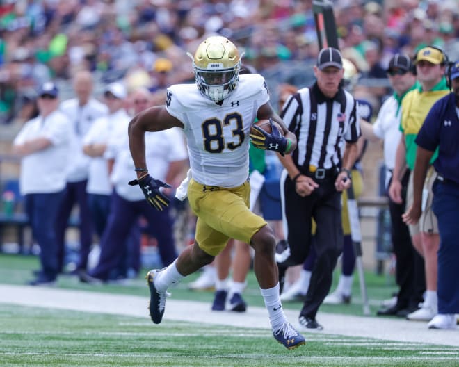 After a quiet freshman season, ND wide receiver Jayden Thomas (83) flashed in the Blue-Gold Game last spring.