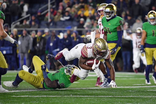 Cam Akers ran for 63 yards and two touchdowns at Notre Dame