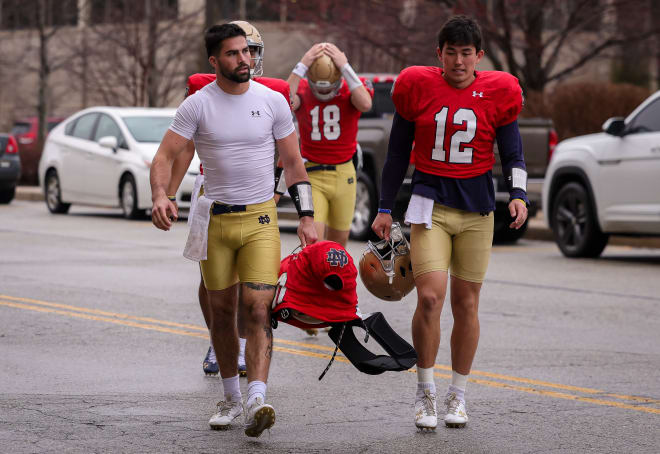 Grad transfer Sam Hartman (left) and Tyler Buchner (12) competed for the Irish starting QB job in the spring of 2023.