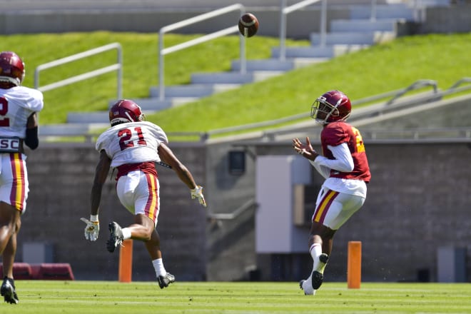 Redshirt senior wide receiver Tyler Vaughns looks for a big reception during USC's scrimmage Saturday in the Coliseum.
