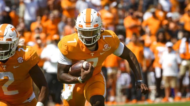 Tennessee quarterback Joe Milton III plays against Pittsburgh during an NCAA football game on Saturday, Sept. 11, 2021, in Knoxville, Tenn. (AP Photo/John Amis)