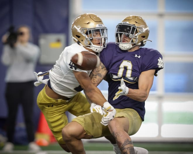 Wide receiver Branden Lenzy tries to catch a pass while heavily covered during a recent Notre Dame football spring practice.