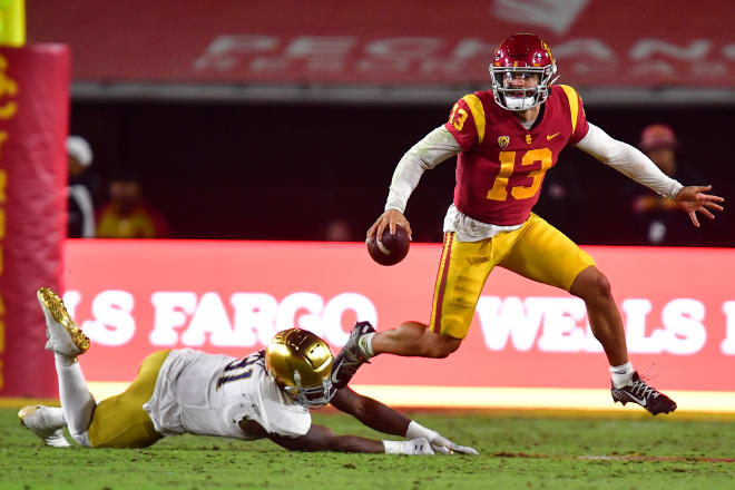 USC sophomore quarterback Caleb Williams constantly escaped ND's pressure in the Trojans' 38-27 win on Saturday night.