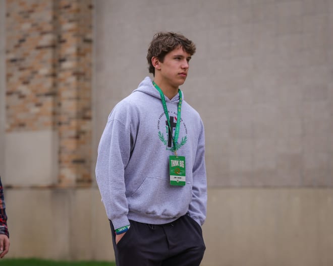 2025 TE target and Notre Dame legacy James Flanigan visited Notre Dame for the Blue-Gold Game last weekend. Flanigan received an offer on ND's annual Pot of Gold Day recruiting event March 17 and also visited March 25.