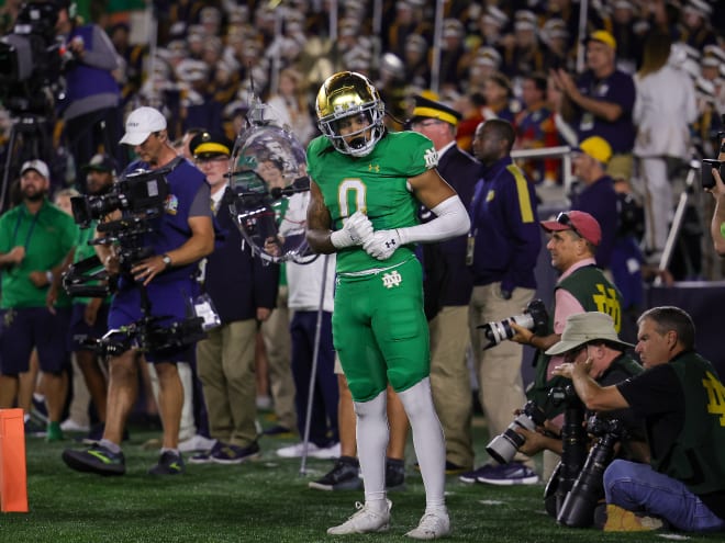 Notre Dame safety Xavier Watts leads the FBS in interceptions in 2023 with seven.