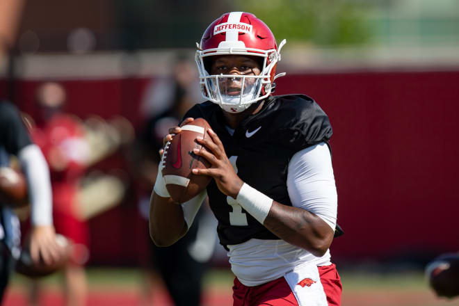 Arkansas redshirt freshman KJ Jefferson leads young group of QBs into spring practices.