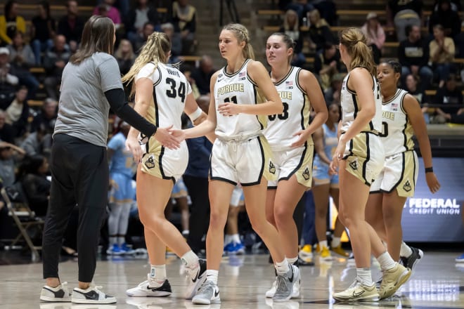 Purdue head coach Katie Geralds greets her squad during a late time out in the NCAA women s basketball game against the Southern Jags, Sunday, Nov. 12, 2023, at Mackey Arena in West Lafayette, Ind. Purdue won 67-50.