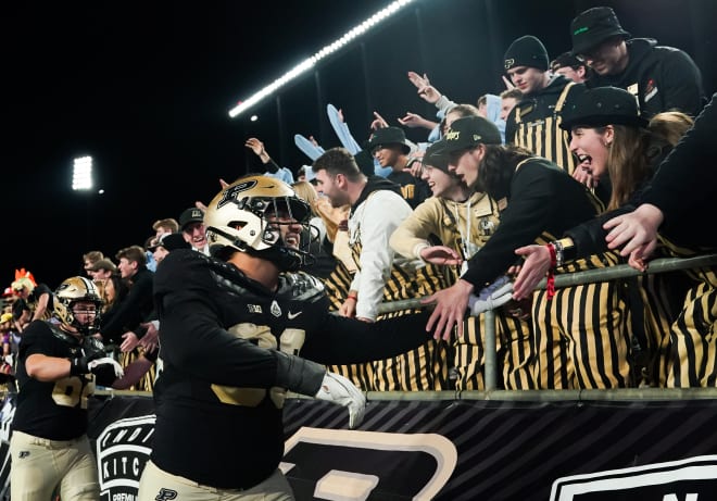 Nov 11, 2023; West Lafayette, Indiana, USA; Purdue Boilermakers defensive lineman Isaiah Nichols (93) celebrates with fans after defeating the Minnesota Golden Gophers at Ross-Ade Stadium. Mandatory Credit: Robert Goddin-USA TODAY Sports