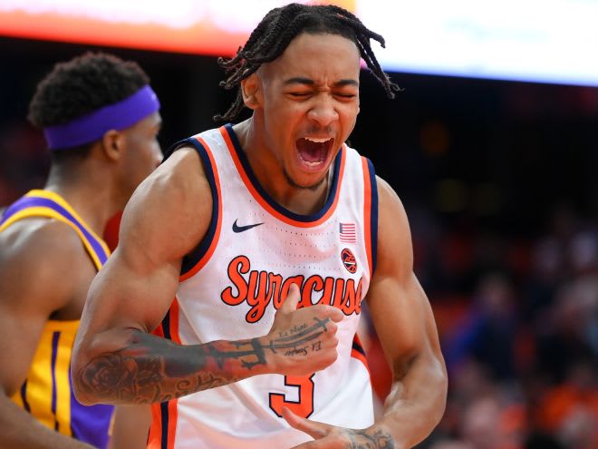 Nov 28, 2023; Syracuse, New York, USA; Syracuse Orange guard Judah Mintz (3) reacts to a play against the LSU Tigers during the second half at the JMA Wireless Dome. Mandatory Credit: Rich Barnes-USA TODAY Sports