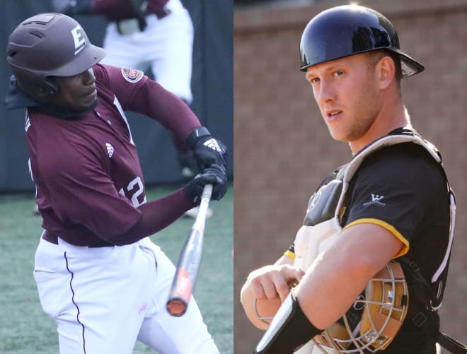 Arkansas signed a pair of graduate transfer catchers this offseason: A.J. Lewis from Eastern Kentucky (left) and Robert Emery from San Francisco (right)