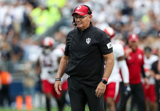 Oct 28, 2023; University Park, Pennsylvania, USA; Indiana Hoosiers head coach Tom Allen looks on from the sideline during the fourth quarter against the Penn State Nittany Lions at Beaver Stadium. Mandatory Credit: Matthew O'Haren-USA TODAY Sports