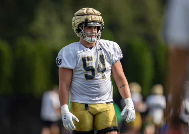 True freshman Anthonie Knapp is pushing for consideration to be the starting left tackle for the Irish this season.