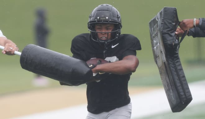 Purdue Boilermakers wide receiver Zion Steptoe (12) runs a drill during football practice, Monday, Aug. 7, 2023, at Purdue University in West Lafayette, Ind.