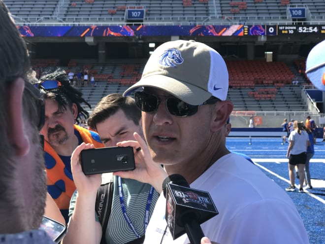 Boise State head coach, Bryan Harsin talks to the media following the Boise State scrimmage and Fan Fest Saturday