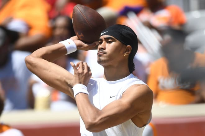 Tennessee quarterback Nico Iamaleava (12) warms up before Tennessee football s Orange & White spring game, in Neyland Stadium, Saturday, April 15, 2023.