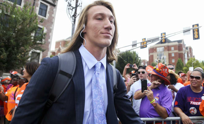 Five-star true freshman quarterback Trevor Lawrence makes his way into Bobby Dodd Stadium Saturday in Atlanta (Ga.) prior to Clemson's afternoon matchup with Georgia Tech.