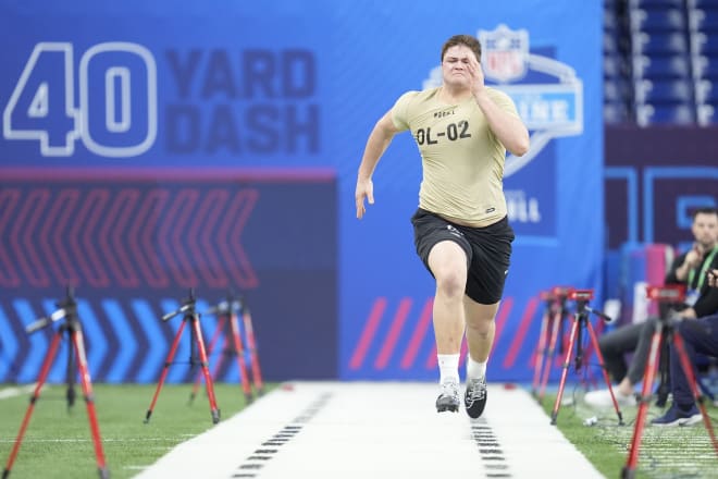Former Notre Dame offensive tackle Joe Alt logs a 5.05-second time in the 40-yard dash Sunday at the NFL Combine.