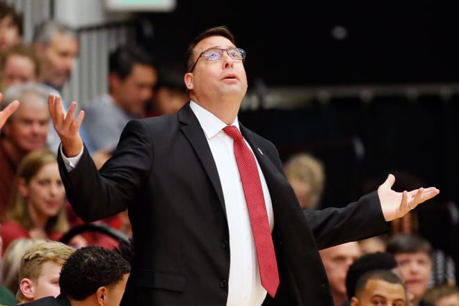 Stanford head coach Jerod Haase reacts after a call goes against Stanford Saturday during a 75-73 