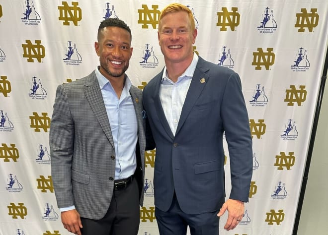 Former Notre Dame linebacker Rocky Boiman (right) introduced Irish head coach Marcus Freeman at a ND Club of Cincinnati event this past Wednesday.